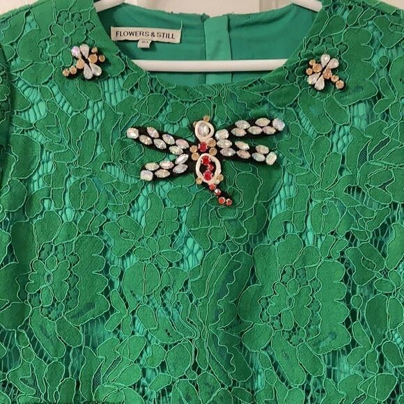 Flowers & Still Girls Green Lace Dress Embellished with a Crystal Firefly. Sz 8. - Picture 4 of 8